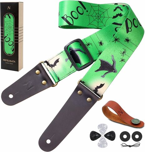 Nefelibata Guitar Strap, Vintage Embroidered Cotton Guitar Straps with Head Cowhide Leather Ends for Bass, Electric & Acoustic Guitars, with Free Strap Button, 1 Pair Strap Locks and 4 Guitar Picks in Saudi Arabia