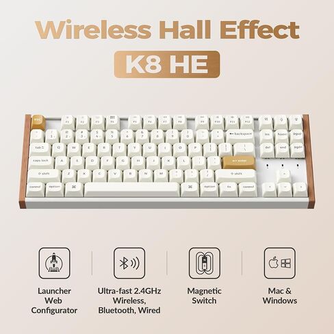 keychron k8 he tkl اللاسلكي بلوتوث 2.4g وضع ثلاثي السلكية Triple Mode Hot Swappable Hall Effect مع QMK عبر الزناد السريع للألمنيوم+الخشب لنظام التشغيل Windows-Windux-White in Saudi Arabia