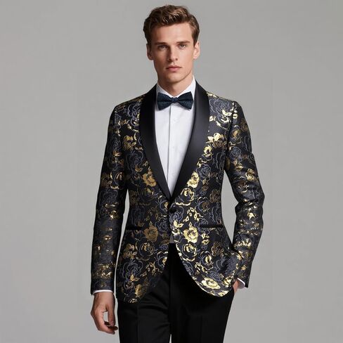 Hi-Tie Men Black Gold Shiny Floral Jacket Blazer Lon Sleeve Button Down Notch Lapel Suit Jacket in Saudi Arabia