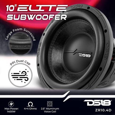 DS18 ZR10.4D 10" Car Subwoofer 1400 Watts Max Power 700 Watts RMS Dual Voice Coil 4-Ohm. Crip and Clear bass for Your Vehicle Sound System. Great Performance and High Durability in Saudi Arabia