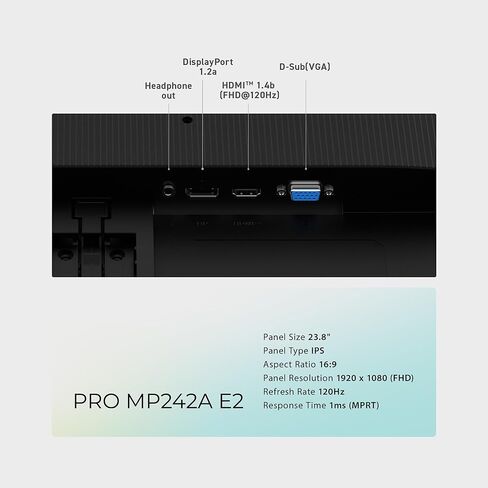 MSI Pro MP242A E2 24 بوصة IPS 1920 × 1080 (FHD) مراقبة ألعاب الألعاب ، 120 هرتز ، المزامنة التكيفية ، HDR Ready ، HDMI ، منفذ VGA ، منفذ العرض ، VESA قابل للترك in Kuwait