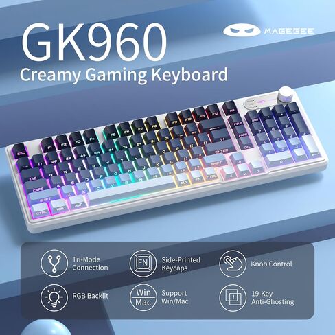 Magegee GK960 لوحة مفاتيح ألعاب لاسلكية ، RGB Tri-Mode Wired/BT/2.4G لوحة مفاتيح كريمية مع لوحة أرقام ، بطارية 4000 مللي أمبير ، التحكم في المقبض ، كبسولات مفاتيح مطبوعة من 19 مفتاحًا من أجل WIN/MAC (الأسود والوردي) in Kuwait