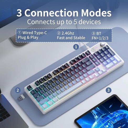 Magegee GK960 لوحة مفاتيح ألعاب لاسلكية ، RGB Tri-Mode Wired/BT/2.4G لوحة مفاتيح كريمية مع لوحة أرقام ، بطارية 4000 مللي أمبير ، التحكم في المقبض ، كبسولات مفاتيح مطبوعة من 19 مفتاحًا من أجل WIN/MAC (الأسود والوردي) in Kuwait