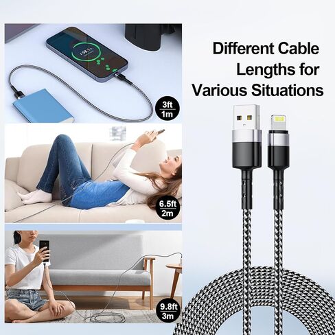 3pack ign angle argle argle cable ، 90 درجة Apple USB A إلى Lightning Cable 6ft/2m*2+10ft/3M ، كبل شاحن بيانات مزامنة النايلون ، سلك الشحن السريع لـ iPhone 14 13 12 11 Pro Max XR 8 7 Plus in Saudi Arabia