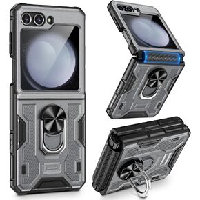 خضار لـ Z Flip 5 Case ، Galaxy Z Flip 5 Case مع حماية شاشة وحماية المفصلات ، و 360 درجة كيكستاند حلقة ، وغطاء الحماية الكامل للجسم لـ Samsung Flip 5 2023 - رمادي in Kuwait