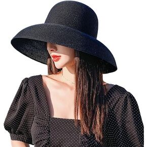 Women's Vintage Hepburn Straw Sun Hat Bell Shaped Wide Brim Vacation Beach Sun Cap Summer Solid Color UV Protection Travel Caps (Black) in Saudi Arabia