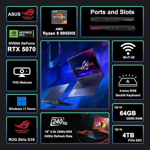 ASUS ROG Strix G18 G814 Gaming Laptop 18" 2.5k (2560x1600) 240Hz (100% DCI-P3) AMD 16-core Ryzen 9 9955HX (>i9-14900HX) 64GB DDR5 4TB SSD GeForce RTX 5070 RGB Backlit FHD Camera Win11 ICP Hub in Saudi Arabia