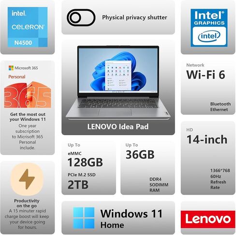 Lenovo IdeaPad 1 Daily/Student 14 "HD LAPTOP ، ذاكرة الوصول العشوائي 12 جيجابايت ، تخزين 448 جيجابايت (128 جيجا بايت EMMC + 256GB PCIE + 64GB USB) ، 1 سنة Office 365 ، معالج Intel Core ، Win 11 Home ، Bundle مع UC310 64GB USB Flash Drive in Saudi Arabia
