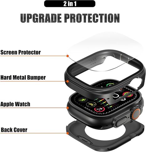 2 في 1 حالة معدنية متوافقة مع Apple Watch Ultra 2/1 49mm مع واقي شاشة مدمج ، 360 ° علبة مصدقة واقية كاملة مع الغطاء الخلفي لـ IWatch Ultra 49mm ، Black in Kuwait