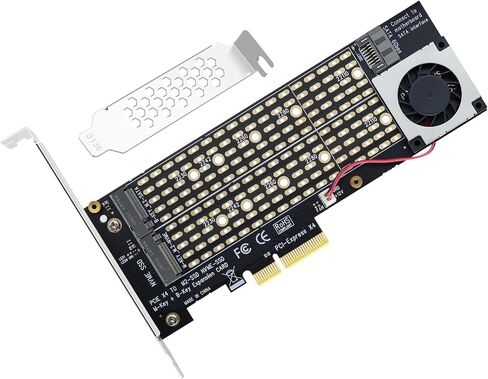 PCIe 4.0 x4 to Dual M.2 Adapter Card, Dual Slot NVMe/SATA SSD Expansion Card, Support 2X M.2 NGFF SSDs at Full Speed,PCIe Expansion Card for PCI-EX4X8X16，with Fan to Dissipate Heat in Kuwait