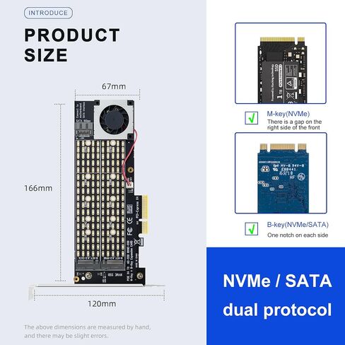 PCIe 4.0 x4 to Dual M.2 Adapter Card, Dual Slot NVMe/SATA SSD Expansion Card, Support 2X M.2 NGFF SSDs at Full Speed,PCIe Expansion Card for PCI-EX4X8X16，with Fan to Dissipate Heat in Kuwait