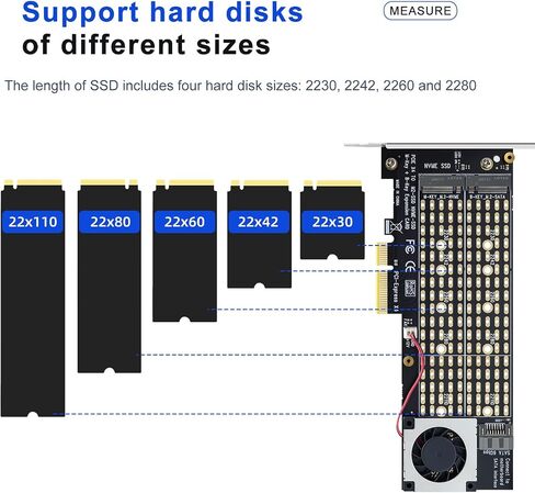 PCIe 4.0 x4 to Dual M.2 Adapter Card, Dual Slot NVMe/SATA SSD Expansion Card, Support 2X M.2 NGFF SSDs at Full Speed,PCIe Expansion Card for PCI-EX4X8X16，with Fan to Dissipate Heat in Kuwait