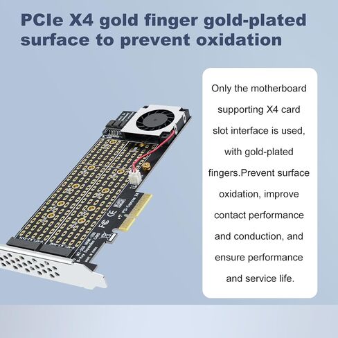 PCIe 4.0 x4 to Dual M.2 Adapter Card, Dual Slot NVMe/SATA SSD Expansion Card, Support 2X M.2 NGFF SSDs at Full Speed,PCIe Expansion Card for PCI-EX4X8X16，with Fan to Dissipate Heat in Kuwait