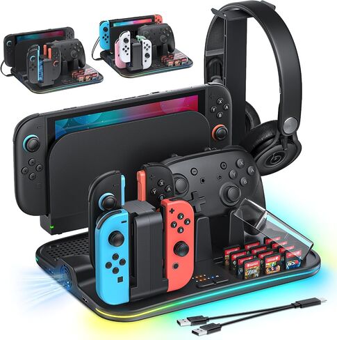 [Switch 2/1 Compatible] FASTSNAIL Charging Dock & Orgainzer Station & Cooling Fan for Nintendo Switch 2/1/OLED, Storage Stand for JoyCon 2/1 with 12 Card Slots, Controller/Headset Holder, 9 RGB Modes in Saudi Arabia