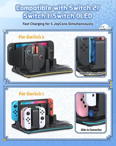 [Switch 2/1 Compatible] FASTSNAIL Charging Dock & Orgainzer Station & Cooling Fan for Nintendo Switch 2/1/OLED, Storage Stand for JoyCon 2/1 with 12 Card Slots, Controller/Headset Holder, 9 RGB Modes in Saudi Arabia