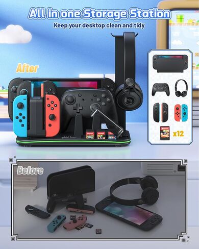 [Switch 2/1 Compatible] FASTSNAIL Charging Dock & Orgainzer Station & Cooling Fan for Nintendo Switch 2/1/OLED, Storage Stand for JoyCon 2/1 with 12 Card Slots, Controller/Headset Holder, 9 RGB Modes in Saudi Arabia