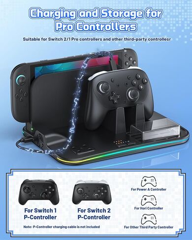 [Switch 2/1 Compatible] FASTSNAIL Charging Dock & Orgainzer Station & Cooling Fan for Nintendo Switch 2/1/OLED, Storage Stand for JoyCon 2/1 with 12 Card Slots, Controller/Headset Holder, 9 RGB Modes in Saudi Arabia