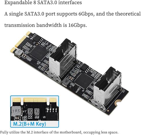 PCIe 3.0 M.2 B+M Key to 8-Port SATA3 6Gbps Expansion Card – Dual Mini-SAS Connectors, RAID Support for Desktop/Server in Saudi Arabia