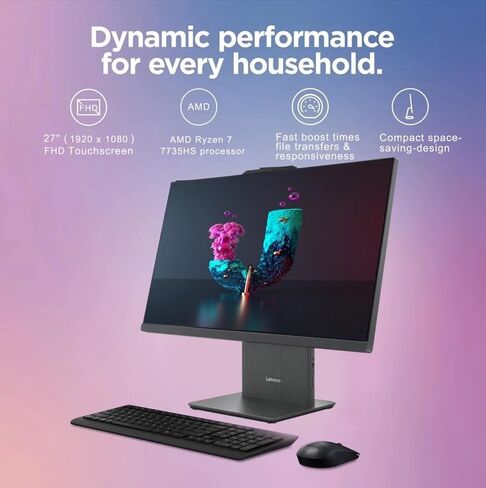 Lenovo 27 بوصة على جهاز كمبيوتر سطح المكتب ، عرض FHD Touch ، AMD Ryzen 7 7735HS ، 16 جيجابايت DDR5 ، ذاكرة الوصول العشوائي ، 512 جيجابايت SSD ، KB & Mouse اللاسلكي ، RJ-45 ، Wi-Fi 6 ، Webcam ، W11 Home ، Gray in Saudi Arabia