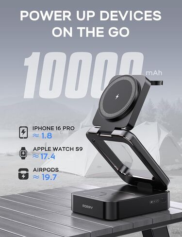 Rorry 3 في محطة شحن واحدة لـ Apple ، 10000 مللي أمبير في الساعة قابلة للطي ، بنك شاحن محمول قابل للطي لـ Magsafe ، محطة شحن لاسلكية السفر لجهاز iPhone 16/15/14/13/12 ، Apple Watch & Airpods in Saudi Arabia
