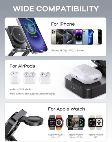 Rorry 3 في محطة شحن واحدة لـ Apple ، 10000 مللي أمبير في الساعة قابلة للطي ، بنك شاحن محمول قابل للطي لـ Magsafe ، محطة شحن لاسلكية السفر لجهاز iPhone 16/15/14/13/12 ، Apple Watch & Airpods in Saudi Arabia