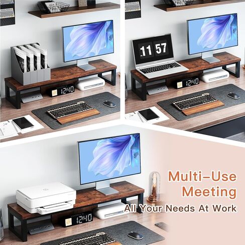 Dual Monitor Stand Riser, Wood and Steel Monitor Stand for Desk, Multi-Purpose Desk Shelf Organizer for Computer, Laptop, Printer, TV, Black in Kuwait