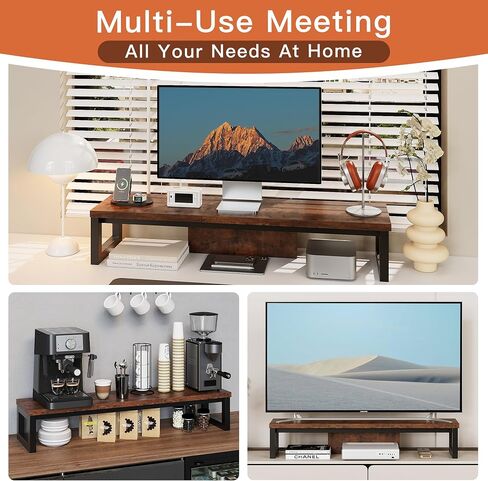 Dual Monitor Stand Riser, Wood and Steel Monitor Stand for Desk, Multi-Purpose Desk Shelf Organizer for Computer, Laptop, Printer, TV, Black in Kuwait