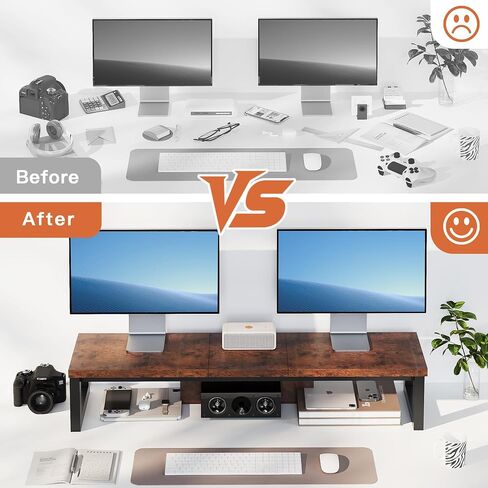 Dual Monitor Stand Riser, Wood and Steel Monitor Stand for Desk, Multi-Purpose Desk Shelf Organizer for Computer, Laptop, Printer, TV, Black in Kuwait