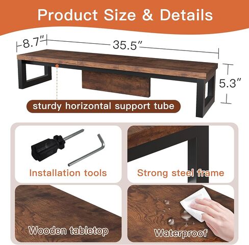 Dual Monitor Stand Riser, Wood and Steel Monitor Stand for Desk, Multi-Purpose Desk Shelf Organizer for Computer, Laptop, Printer, TV, Black in Kuwait