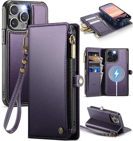 Magnetic Wallet Case for iPhone 14 Pro Max Compatible with Magsafe for Women, RFID Blocking Zipper Pocket & Strap & Card Holder Detachable Cover for iPhone 14 Pro Max Case with Wallet, Purple in Saudi Arabia