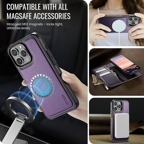 Magnetic Wallet Case for iPhone 14 Pro Max Compatible with Magsafe for Women, RFID Blocking Zipper Pocket & Strap & Card Holder Detachable Cover for iPhone 14 Pro Max Case with Wallet, Purple in Saudi Arabia