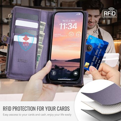 Magnetic Wallet Case for iPhone 14 Pro Max Compatible with Magsafe for Women, RFID Blocking Zipper Pocket & Strap & Card Holder Detachable Cover for iPhone 14 Pro Max Case with Wallet, Purple in Saudi Arabia