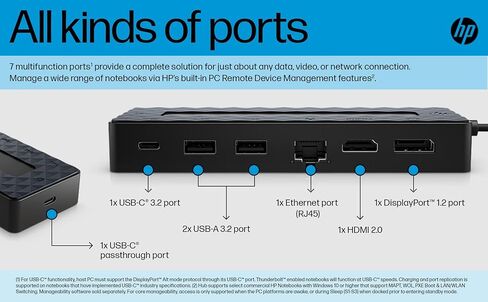 HP Universal USB-C 7-in-1 Multiport Hub Protgle مع Dockztorm Hub ، 4 منافذ USB ، HDMI 2.0 ، منفذ العرض 1.2 ، RJ-45 ، مع اتصال كبل واحد إلى أي كمبيوتر محمول للعلامة التجارية (50H55UT#ABA) in Kuwait