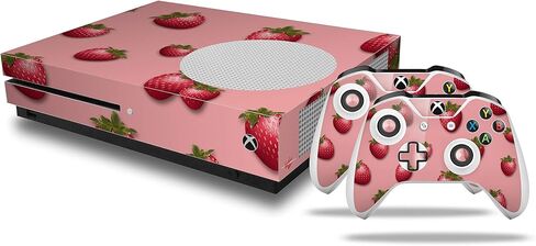 لفات الجلد فينيل ملصق متوافق مع وحدة التحكم في Xbox One S ووحدات التحكم - الفراولة على اللون الوردي in Saudi Arabia