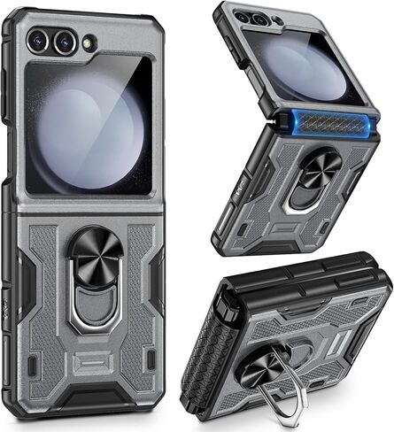 خضار لـ Z Flip 5 Case ، Galaxy Z Flip 5 Case مع حماية شاشة وحماية المفصلات ، و 360 درجة كيكستاند حلقة ، وغطاء الحماية الكامل للجسم لـ Samsung Flip 5 2023 - رمادي in Kuwait