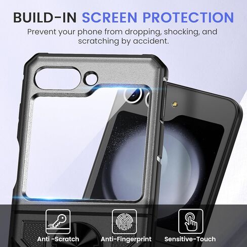 خضار لـ Z Flip 5 Case ، Galaxy Z Flip 5 Case مع حماية شاشة وحماية المفصلات ، و 360 درجة كيكستاند حلقة ، وغطاء الحماية الكامل للجسم لـ Samsung Flip 5 2023 - رمادي in Kuwait