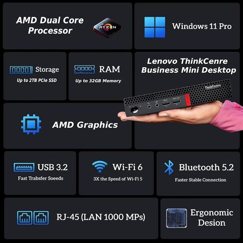 Lenovo Thinkcentre Mini Business Desktop ، Design-Quiet Design ، دعم مراقب مزدوج 4K ، ذاكرة سعة 32 جيجابايت ، 2 تيرابايت SSD ، معالج AMD ثنائي النواة ، USB-C ، Wi-Fi ، RJ-45 ، Bluetooth ، KB & Mouse ، Windows 11 Pro in Kuwait
