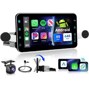 4G+64G Andriod Single Din 9-Inch Touchscreen Car Stereo with Wireless Carplay Android Auto, Car Radio Rotatable Screen 1 Din Bluetooth Mirror Link GPS WiFi, FM/RDS EQ with Backup Camera+Phone Holder in Saudi Arabia