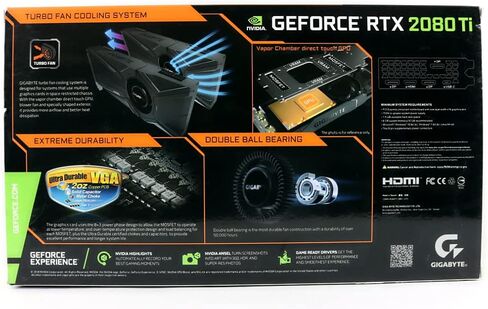 Gigabyte Geforce RTX 2080 TI Turbo GV -N208TTURBO -11GC Card - 1.55 GHz CORE - 11 GB GDDR6-352 BIT BUS WIDTH - FAN COOLER - DIRECTX 12 ، OpenGL 4.5-3 X Displayport - 1 x HDMI (READED) in Kuwait