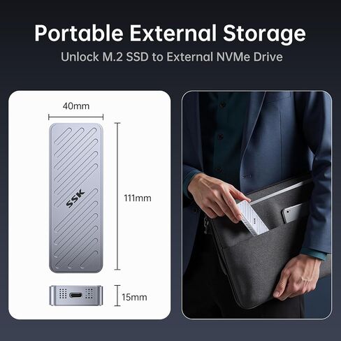 SSK NVME SSD العلبة ، 20 جيجابت في الثانية PCIE M.2 العلبة SSD CASE ، NVME إلى USB C 3.2GEN2X2 محول 2280/2260/2242/2230 القارئ M-KEY/B+M مفتاح مع مؤشر LED Aluminum Sloy in Saudi Arabia