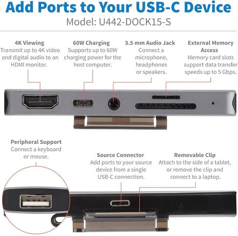 Tripp Lite USB-C Dock مع 4K HDMI ، USB-A ، فتحات بطاقة الذاكرة ، شحن PD ، محور محمول ، Thunderbolt 3 متوافق ، رمادي (U442-Dock15-S) in Kuwait