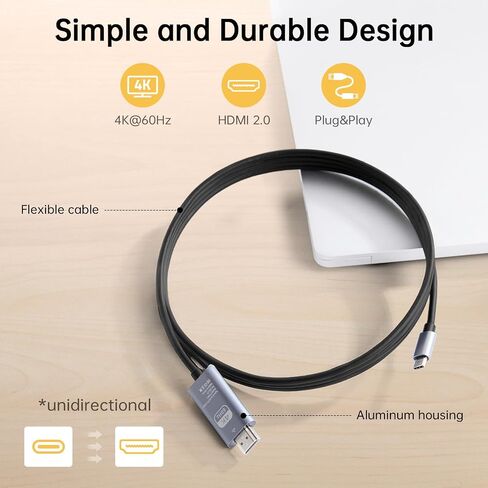 USB C to HDMI Cable 6.6FT, 4K@60Hz USB 3.1 Type C to HDMI Adapter Cord, Thunderbolt 3/4 Compatible for MacBook Pro/Air, iPad Pro, Galaxy S24/S23, Dell XPS, Chromebook, Surface and More in Saudi Arabia