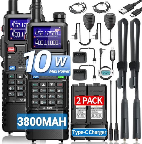 Baofeng Radio Ham Radio Long Range 10W 5RM Handheld ثنائية الاتجاه Radio Noaa Weather Radio DTMF Walkie Talkies Copy Copy 999Ch USB-C Charger 3800mAh Battery Gear (2 Pack) in Saudi Arabia
