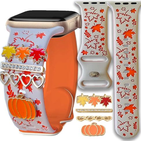 Halloween Fall Engraved Band with Charms Compatible with Apple Watch 38mm 40mm 41mm 42mm 44mm 45mm 46mm 49mm Women,Jullstar Snowfalke Christmas Maple Pumpkin Autumn Skull Holiday Strap for iphone Watch Series 10 9 8 7 SE 6 5 4 3 2 1 in Kuwait