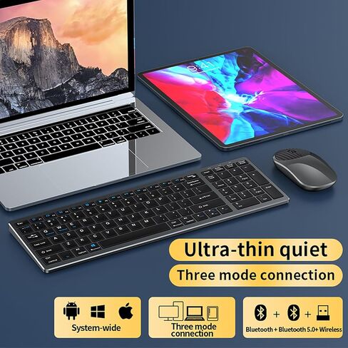Wireless Bluetooth Rechargeable Keyboard and Mouse Combo. Rechargeable Dual-Mode (Bluetooth 5.0 and 3.0 +2.4G) Multi-Device Silent Mouse for Windows, iPad, Tablet, MacOS,iOS,Android (Grayish Black) in Saudi Arabia