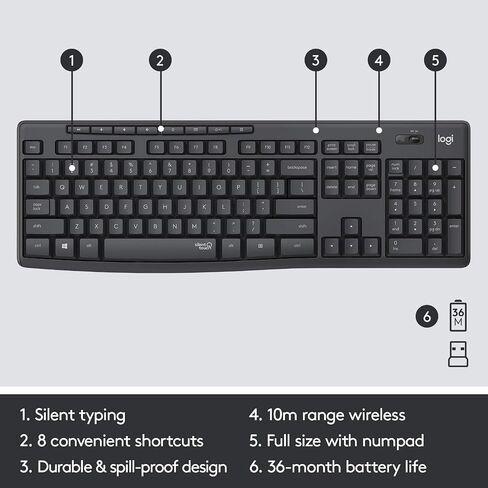 Logitech Mk295 Silent Wireless Combo Keyboard RF Wireless Qwerty ، W126142150 (لوحة المفاتيح RF اللاسلكية Qwerty Pan Nordic Black Mk295 Silent Wireless Combo ، Standard ، RF Wireless ، Qwerty ،)) in Kuwait