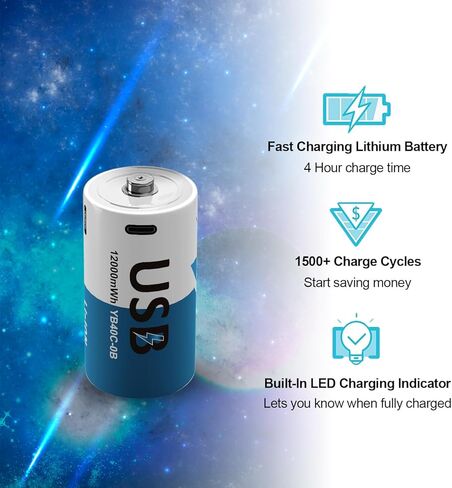 بطاريات ليثيوم D القابلة لإعادة الشحن مع 4 في 1 كبل شحن USB-C ، 4 حزمة D خلية Li-ion Battristes ، LR20 1.5V D استبدال بطارية الخلية 12000MWN لألعاب الأضواء الكشفية موقد الغاز (4 أجزاء) in Saudi Arabia