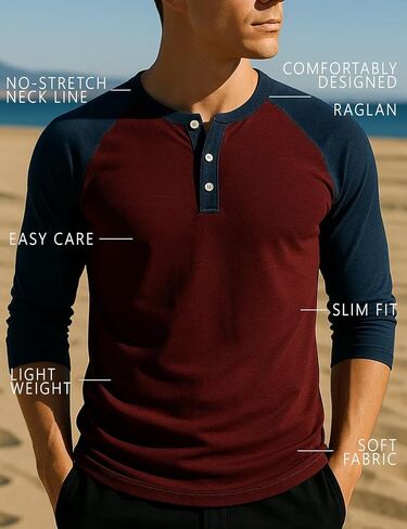 H2H Mens Casual Slim Fit T-Shirts Henley Shirts Raglan Long & 3/4 Sleeve Jersey Baseball T Shirts in Kuwait