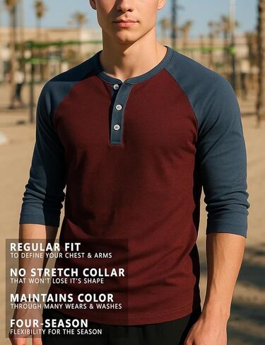H2H Mens Casual Slim Fit T-Shirts Henley Shirts Raglan Long & 3/4 Sleeve Jersey Baseball T Shirts in Kuwait