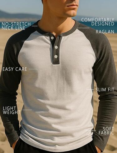 H2H Mens Casual Slim Fit T-Shirts Henley Shirts Raglan Long & 3/4 Sleeve Jersey Baseball T Shirts in Kuwait